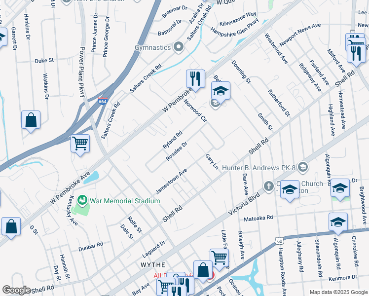 map of restaurants, bars, coffee shops, grocery stores, and more near 2812 Rosalee Dr in Hampton