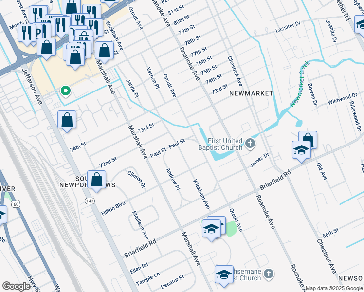 map of restaurants, bars, coffee shops, grocery stores, and more near 5934 Wickham Avenue in Newport News