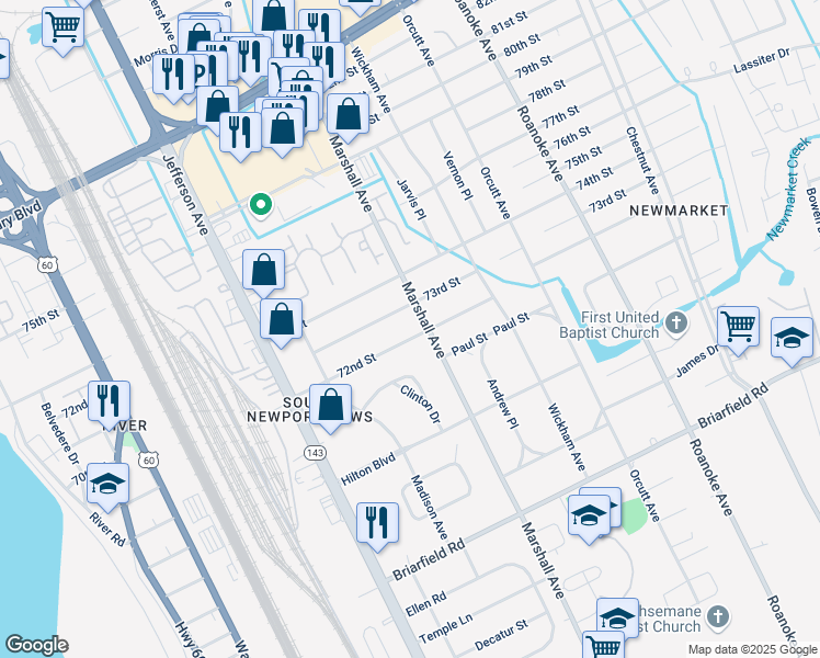 map of restaurants, bars, coffee shops, grocery stores, and more near 636 73rd Street in Newport News