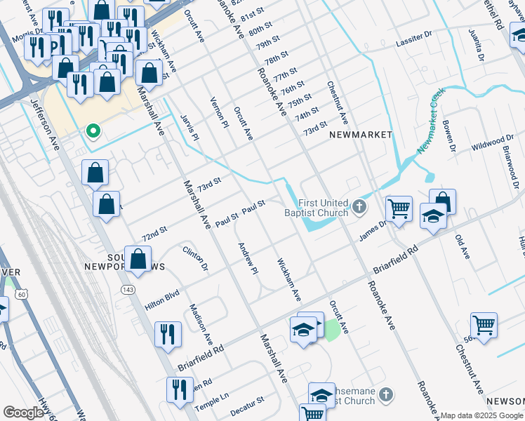 map of restaurants, bars, coffee shops, grocery stores, and more near 5934 Wickham Avenue in Newport News
