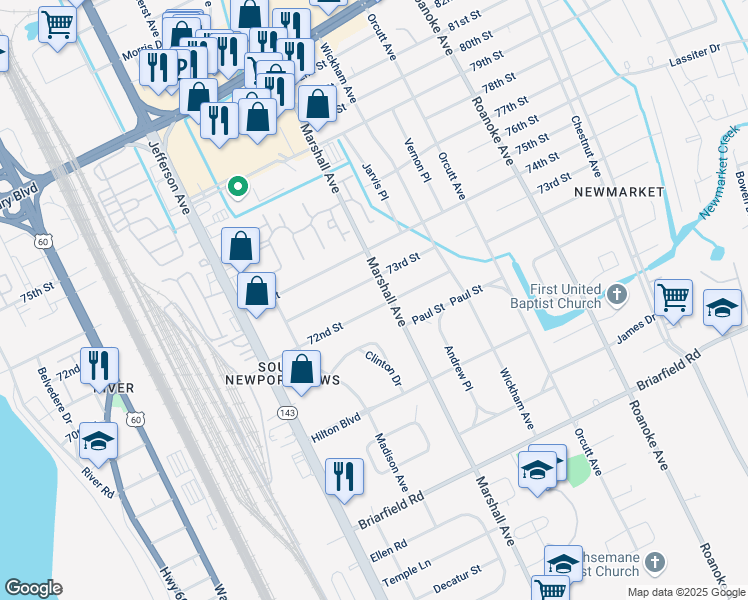 map of restaurants, bars, coffee shops, grocery stores, and more near 636 73rd Street in Newport News