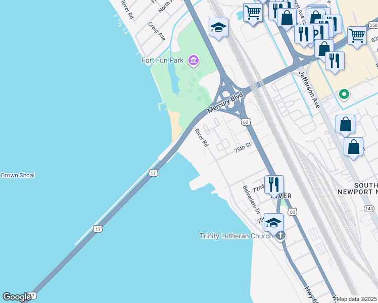 map of restaurants, bars, coffee shops, grocery stores, and more near 7505 River Road in Newport News