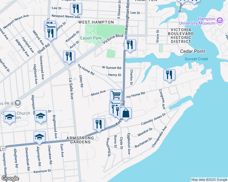 map of restaurants, bars, coffee shops, grocery stores, and more near 215 Ivy Home Road in Hampton