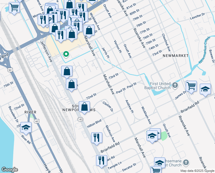 map of restaurants, bars, coffee shops, grocery stores, and more near 641 72nd Street in Newport News