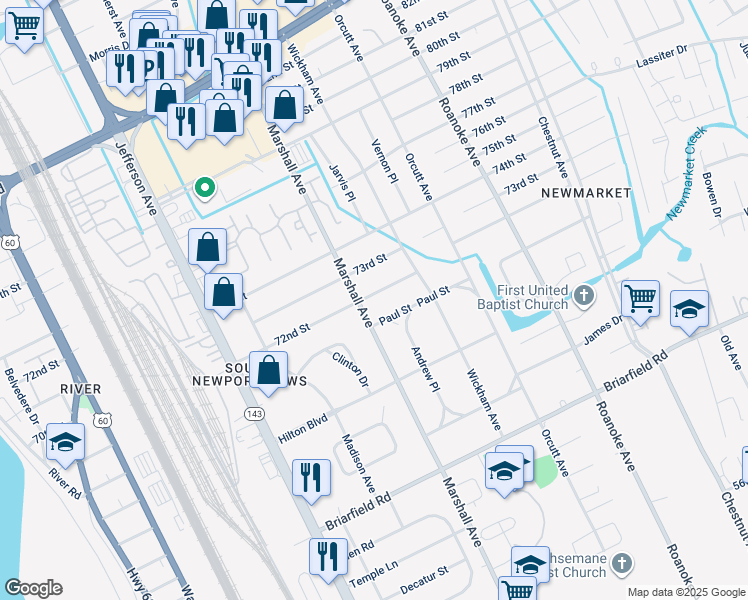 map of restaurants, bars, coffee shops, grocery stores, and more near 702 72nd Street in Newport News