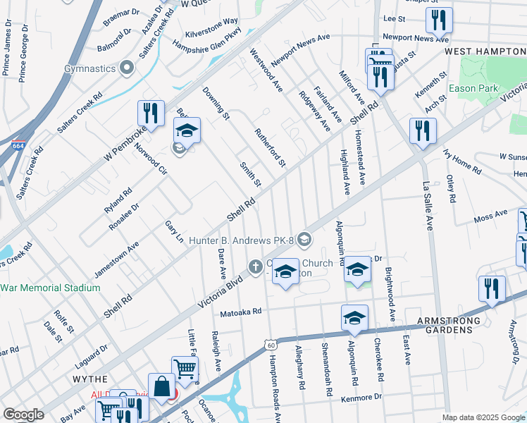 map of restaurants, bars, coffee shops, grocery stores, and more near 424 Hampton Roads Avenue in Hampton