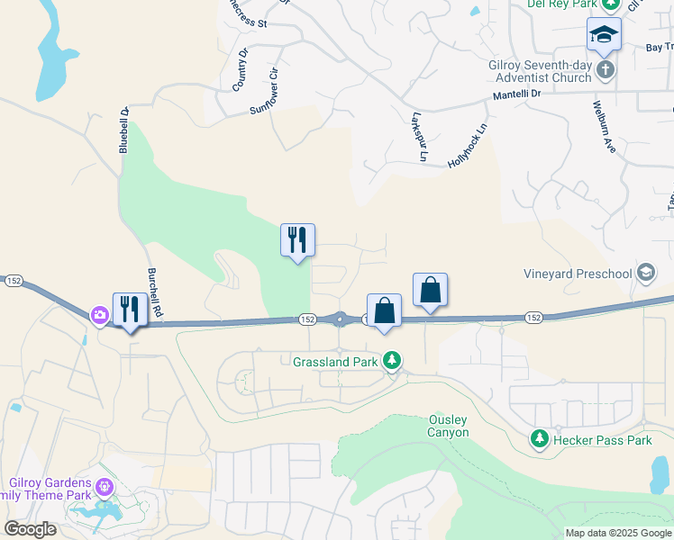 map of restaurants, bars, coffee shops, grocery stores, and more near 2520 Pasture Street in Gilroy