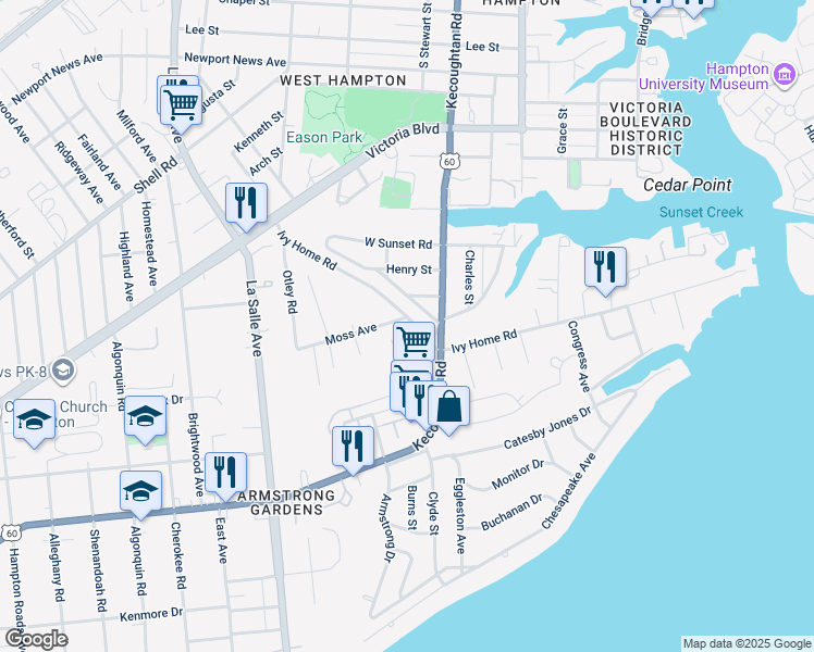 map of restaurants, bars, coffee shops, grocery stores, and more near 215 Ivy Home Road in Hampton