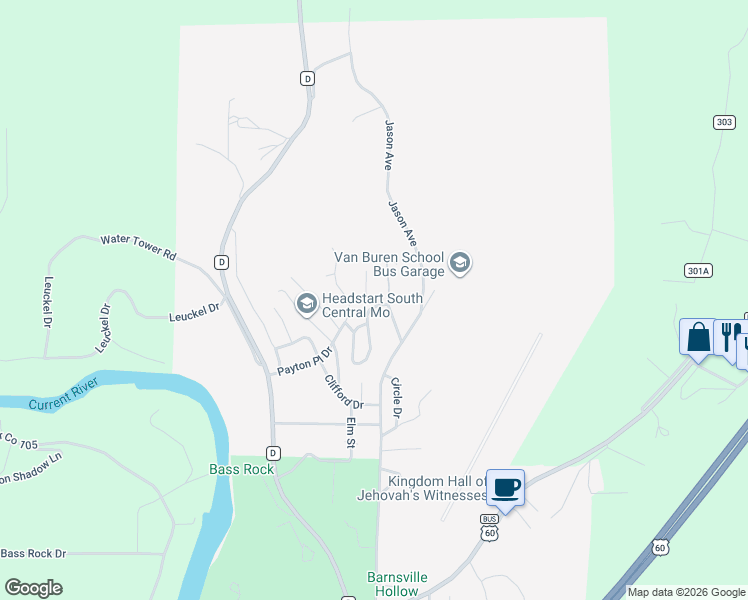 map of restaurants, bars, coffee shops, grocery stores, and more near 1806 Payton Place Drive in Van Buren