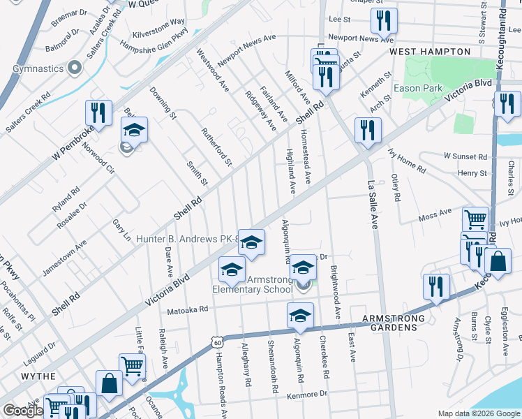 map of restaurants, bars, coffee shops, grocery stores, and more near 413 Shenandoah Road in Hampton