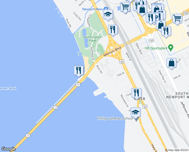 map of restaurants, bars, coffee shops, grocery stores, and more near 7505 River Road in Newport News