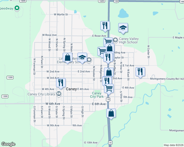 map of restaurants, bars, coffee shops, grocery stores, and more near 201-299 North Hooker Street in Caney