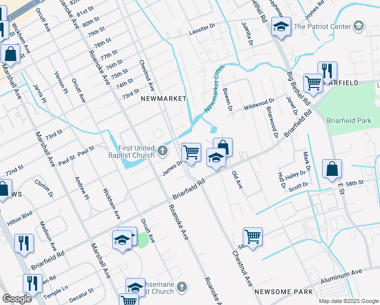 map of restaurants, bars, coffee shops, grocery stores, and more near 6300 Chestnut Avenue in Newport News