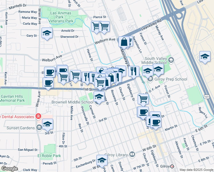 map of restaurants, bars, coffee shops, grocery stores, and more near 311 1st Street in Gilroy
