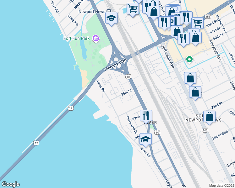 map of restaurants, bars, coffee shops, grocery stores, and more near 2 Towne Square Drive in Newport News