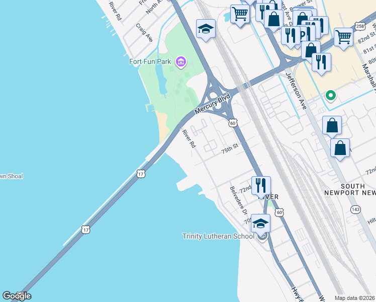 map of restaurants, bars, coffee shops, grocery stores, and more near 7499 River Road in Newport News