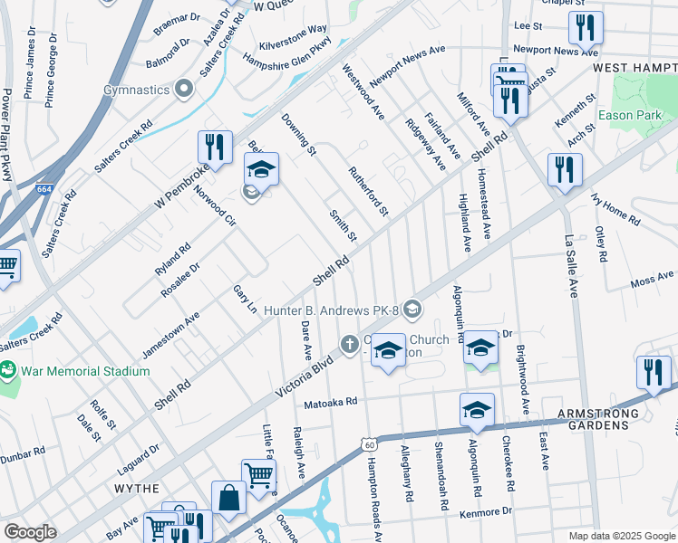 map of restaurants, bars, coffee shops, grocery stores, and more near 434 Glendale Road in Hampton