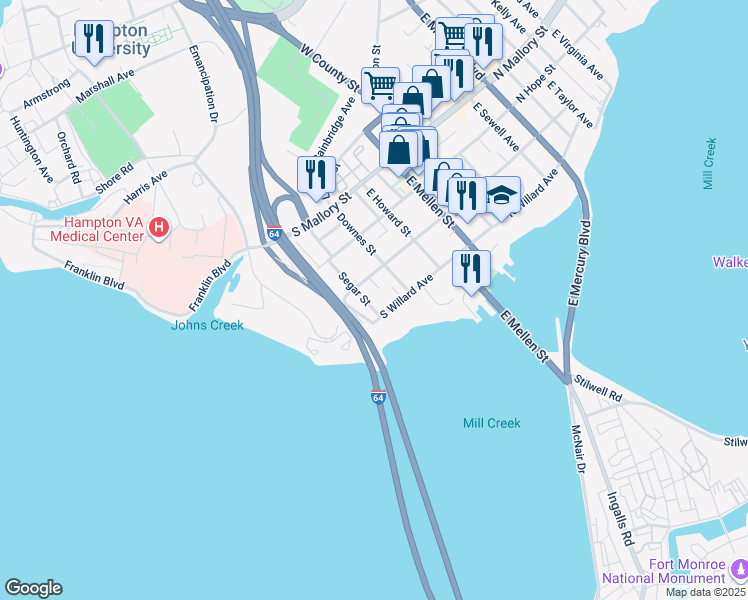 map of restaurants, bars, coffee shops, grocery stores, and more near 213 Segar Street in Hampton