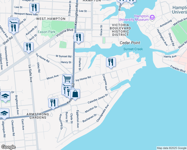 map of restaurants, bars, coffee shops, grocery stores, and more near 106 Ivy Home Road in Hampton