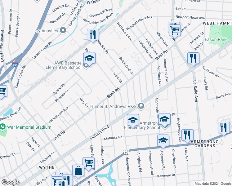 map of restaurants, bars, coffee shops, grocery stores, and more near 434 Glendale Road in Hampton