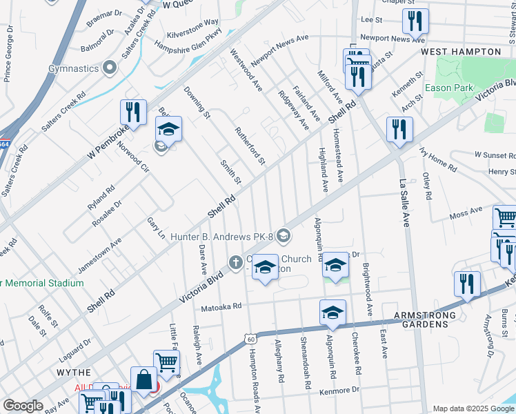 map of restaurants, bars, coffee shops, grocery stores, and more near 422 Colonial Avenue in Hampton