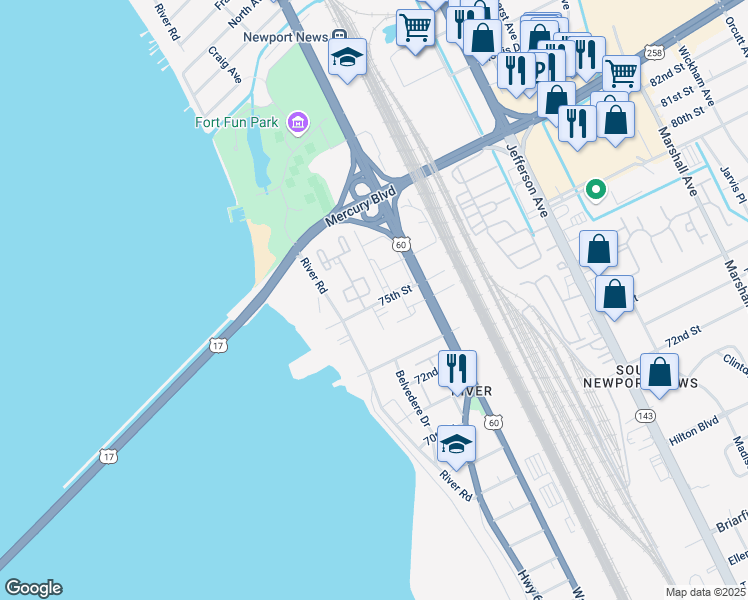map of restaurants, bars, coffee shops, grocery stores, and more near in Newport News