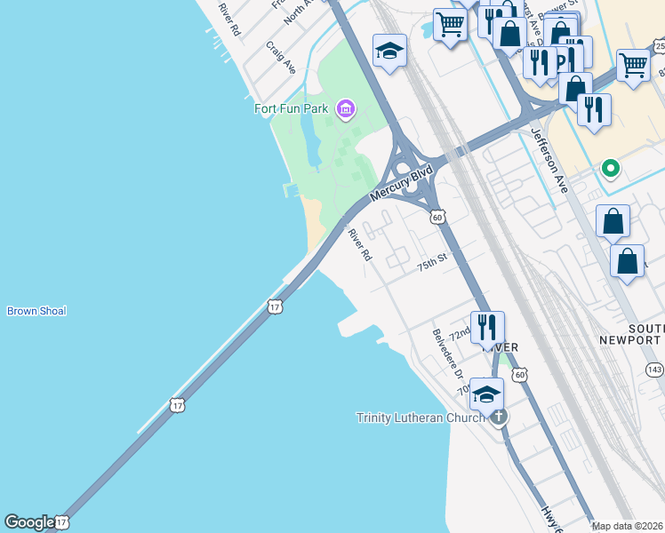map of restaurants, bars, coffee shops, grocery stores, and more near 7505 River Road in Newport News