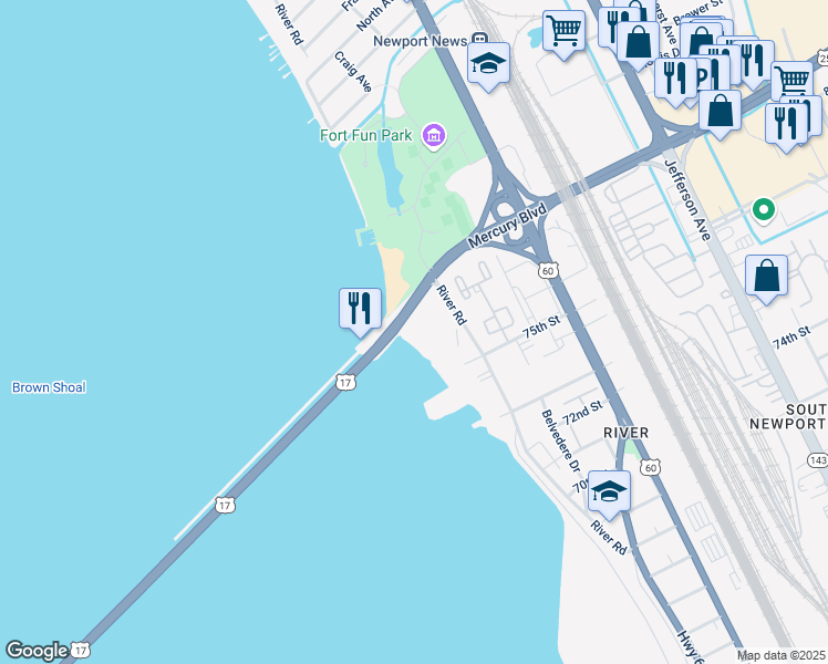 map of restaurants, bars, coffee shops, grocery stores, and more near 7505 River Road in Newport News
