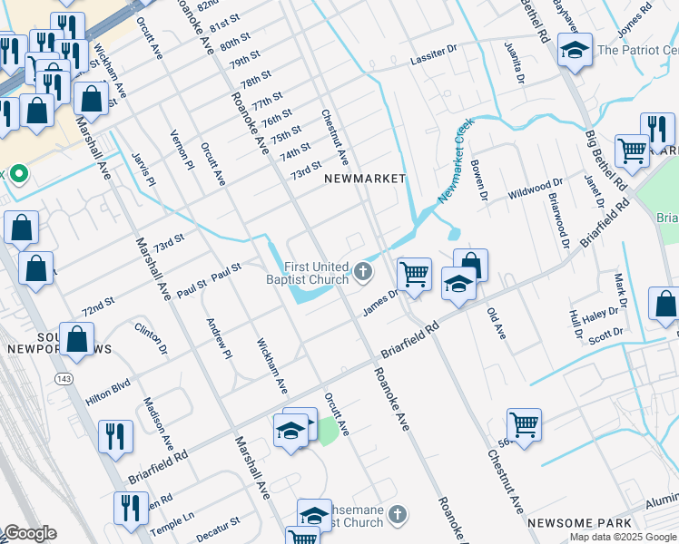 map of restaurants, bars, coffee shops, grocery stores, and more near 1102 Elizabeth Court in Newport News