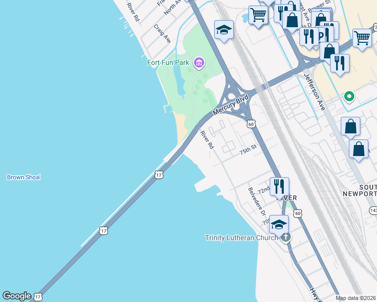 map of restaurants, bars, coffee shops, grocery stores, and more near 7505 River Road in Newport News