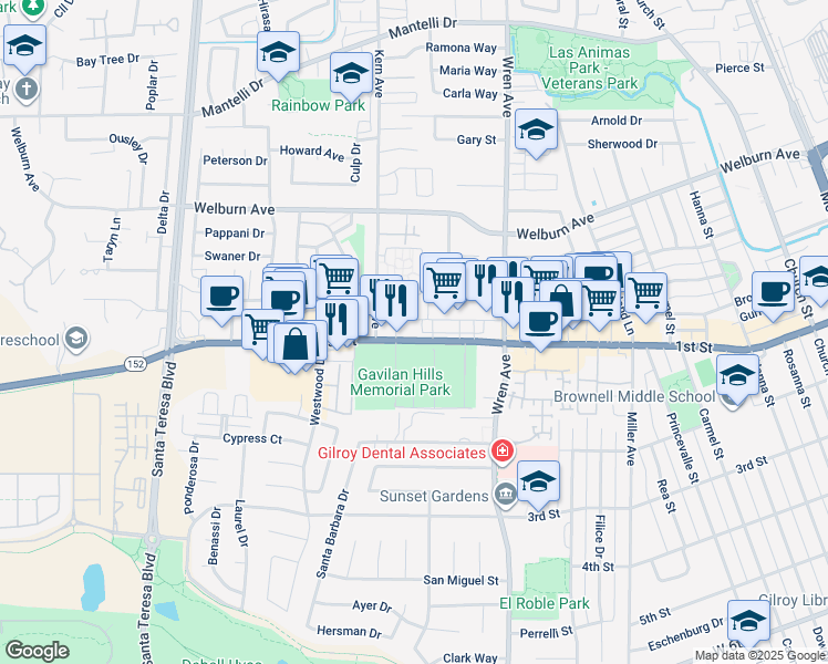 map of restaurants, bars, coffee shops, grocery stores, and more near 951 1st Street in Gilroy