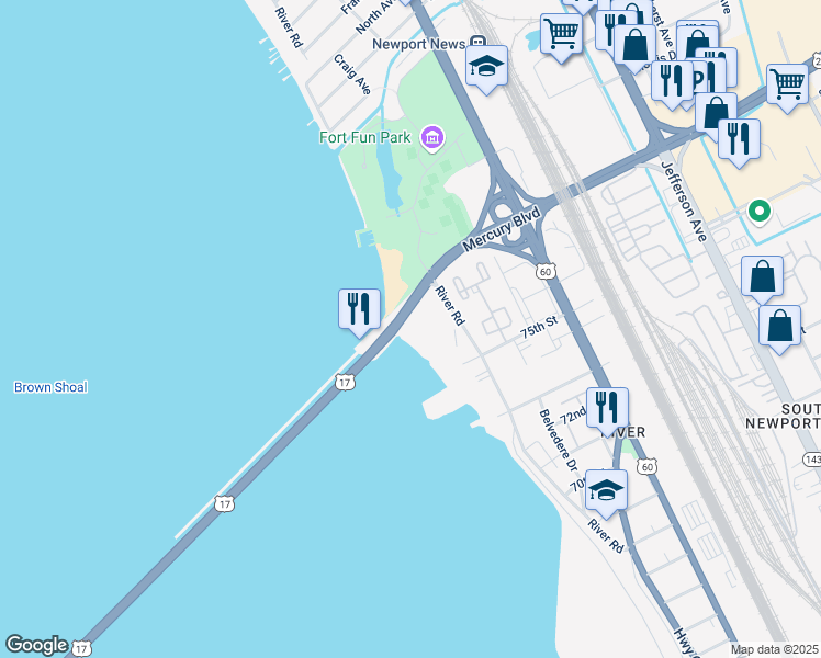 map of restaurants, bars, coffee shops, grocery stores, and more near 7505 River Road in Newport News