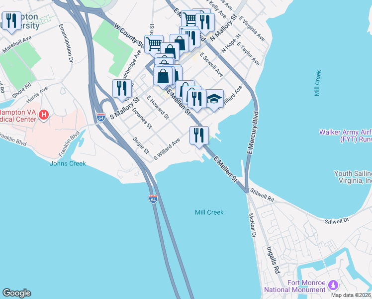 map of restaurants, bars, coffee shops, grocery stores, and more near 17 Mill Creek Terrace in Hampton