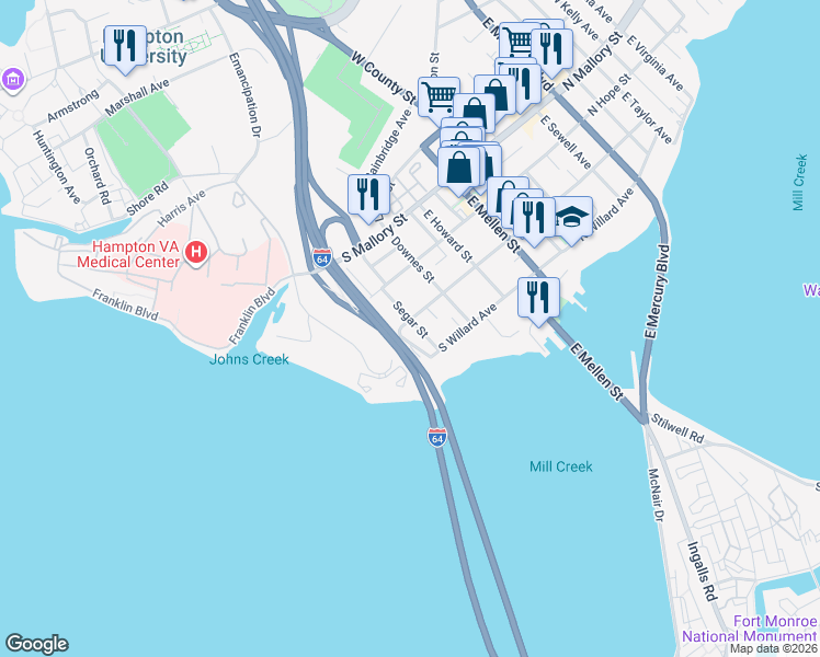 map of restaurants, bars, coffee shops, grocery stores, and more near 123 National Avenue in Hampton
