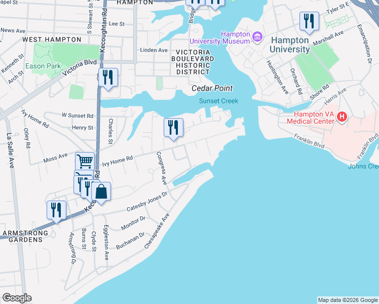map of restaurants, bars, coffee shops, grocery stores, and more near 208 Porter Avenue in Hampton
