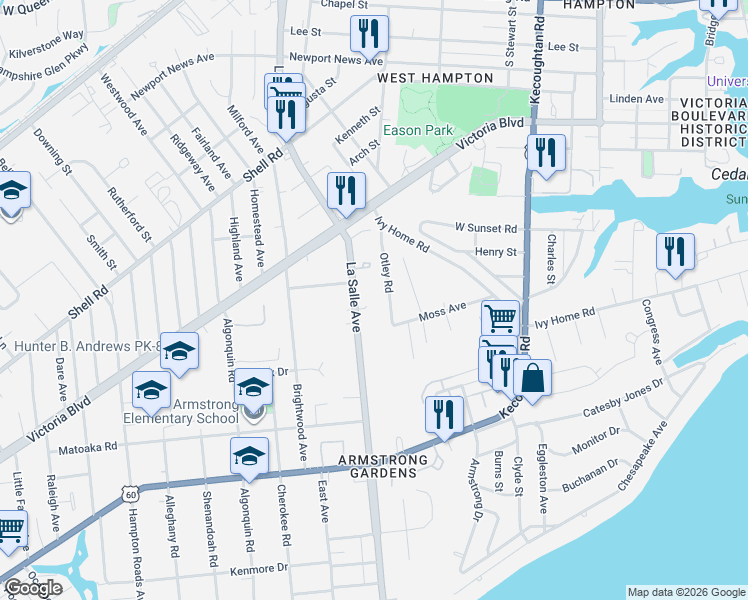 map of restaurants, bars, coffee shops, grocery stores, and more near 316 Otley Road in Hampton