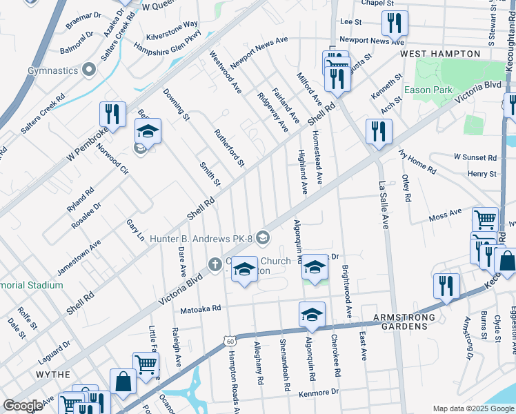 map of restaurants, bars, coffee shops, grocery stores, and more near 413 Shenandoah Road in Hampton
