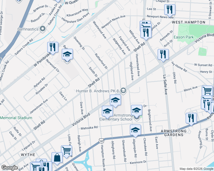 map of restaurants, bars, coffee shops, grocery stores, and more near 422 Colonial Avenue in Hampton
