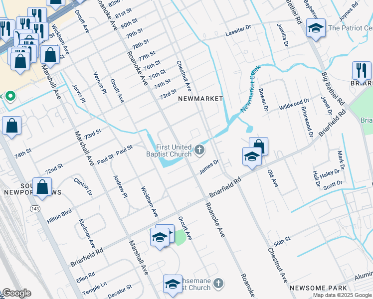 map of restaurants, bars, coffee shops, grocery stores, and more near 1102 Elizabeth Court in Newport News