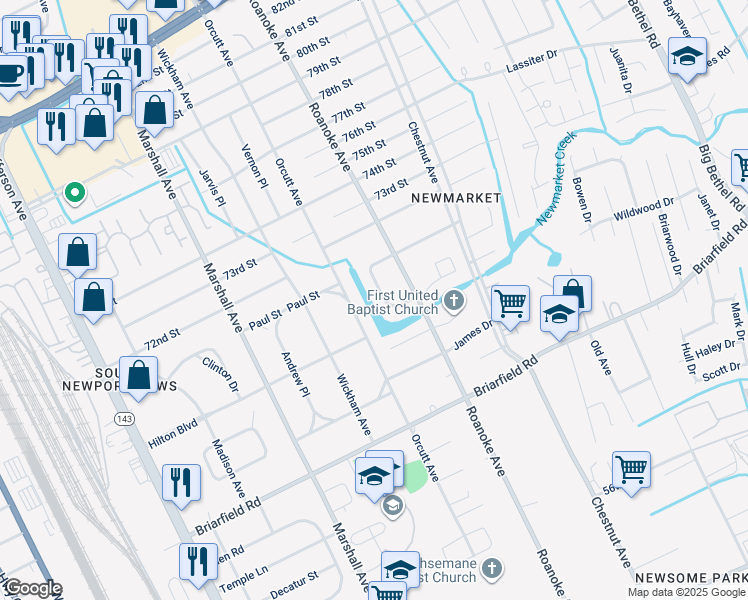 map of restaurants, bars, coffee shops, grocery stores, and more near 1015 Faubus Drive in Newport News