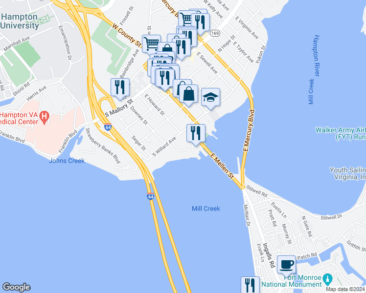 map of restaurants, bars, coffee shops, grocery stores, and more near 17 Mill Creek Terrace in Hampton