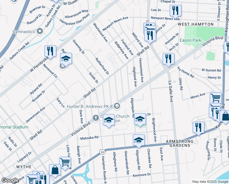 map of restaurants, bars, coffee shops, grocery stores, and more near 413 Shenandoah Road in Hampton