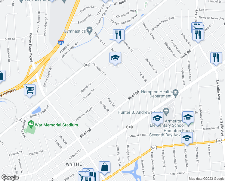 map of restaurants, bars, coffee shops, grocery stores, and more near 717 Norwood Circle in Hampton