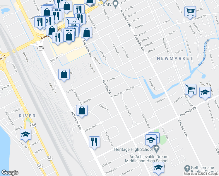 map of restaurants, bars, coffee shops, grocery stores, and more near 701 72nd St in Newport News