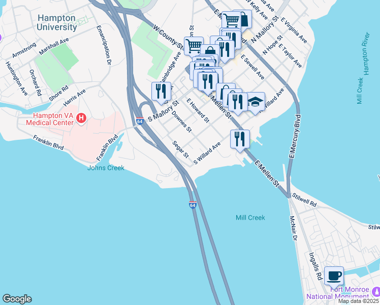 map of restaurants, bars, coffee shops, grocery stores, and more near 213 Segar Street in Hampton