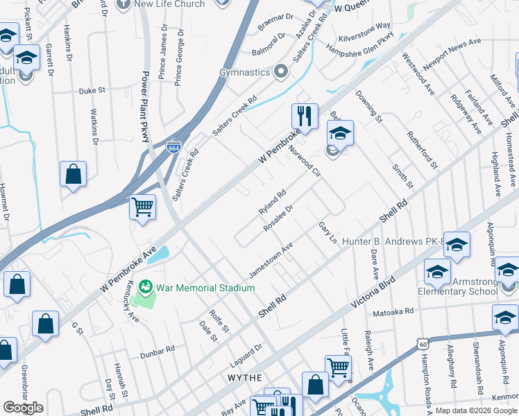 map of restaurants, bars, coffee shops, grocery stores, and more near 2803 Ryland Road in Hampton