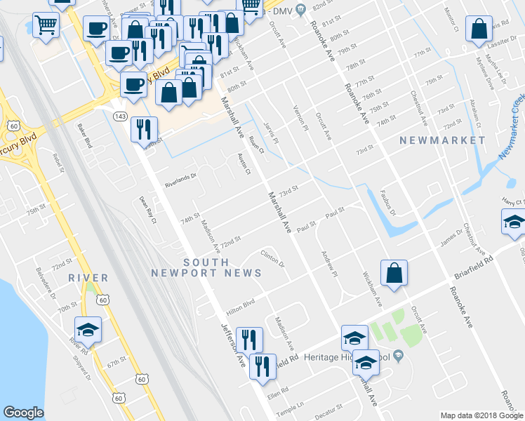 map of restaurants, bars, coffee shops, grocery stores, and more near 636 73rd Street in Newport News