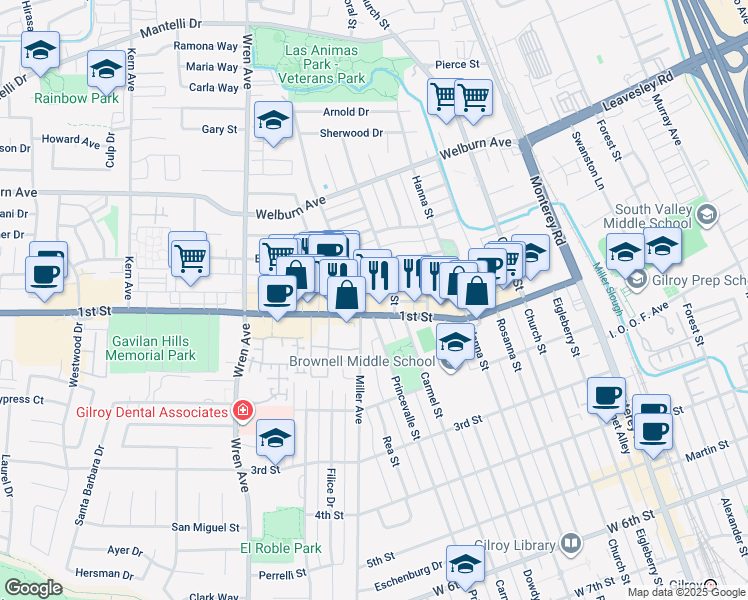 map of restaurants, bars, coffee shops, grocery stores, and more near 641 1st Street in Gilroy