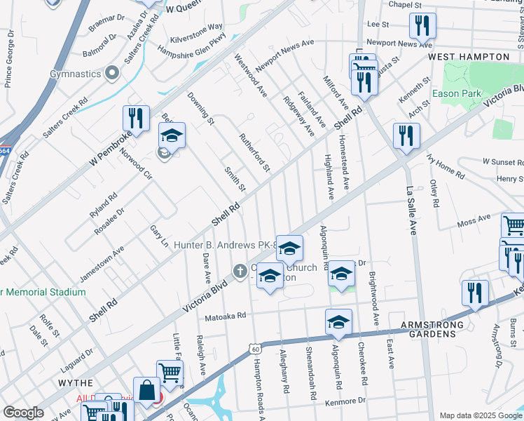 map of restaurants, bars, coffee shops, grocery stores, and more near 422 Colonial Avenue in Hampton