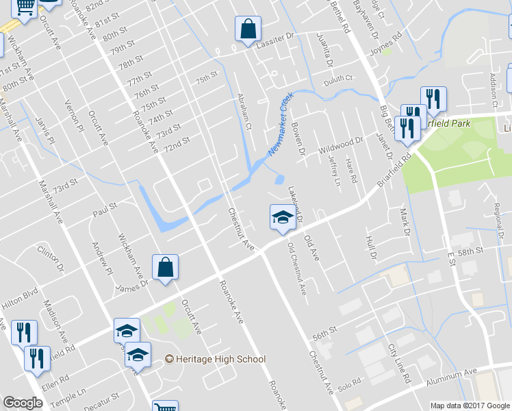 map of restaurants, bars, coffee shops, grocery stores, and more near 6302 Chestnut Avenue in Newport News